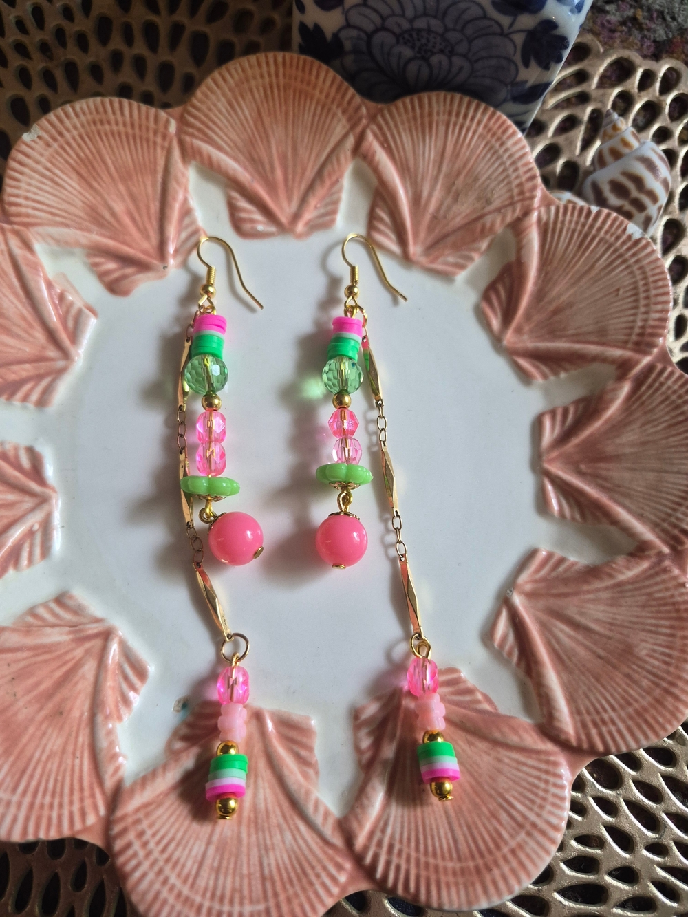 Gold-Tone Pink & Green Beaded Drop Earrings — Vibrant Dangle Style